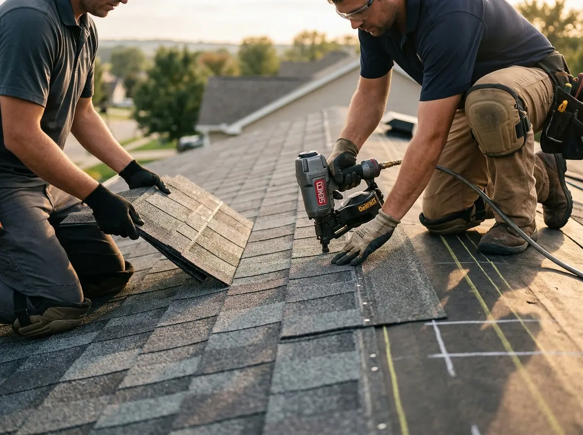 Professional roofer working on a residential roof in Highwood